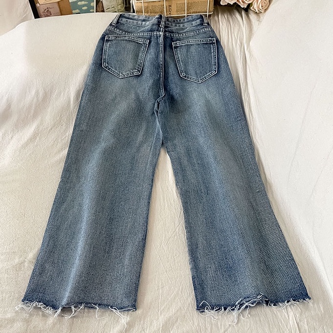 Korean Style Rawis Highwaist Lurus Loose Celana Jeans Panjang Wanita Fashionable (realpict)