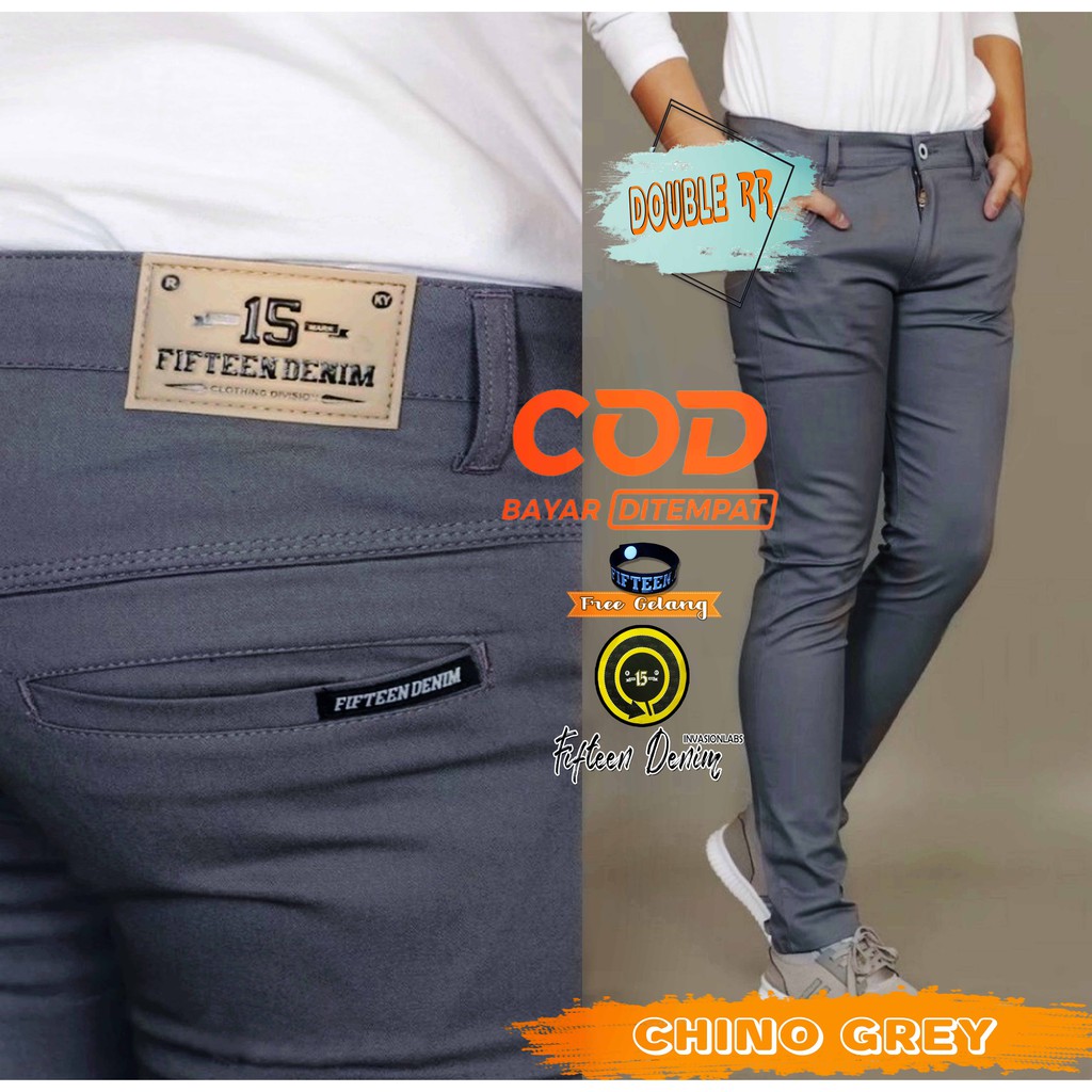 CELANA PRIA CHINO ABU TUA / GREY Slim fit Panjang Pria Kerja kantor Santai Liburan Cowok Original Fifteen Denim