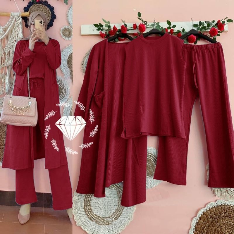 SET CELANA PRITA 3IN1, MOSCREPE, GAMIS HIJAB MUSLIM, SETELAN