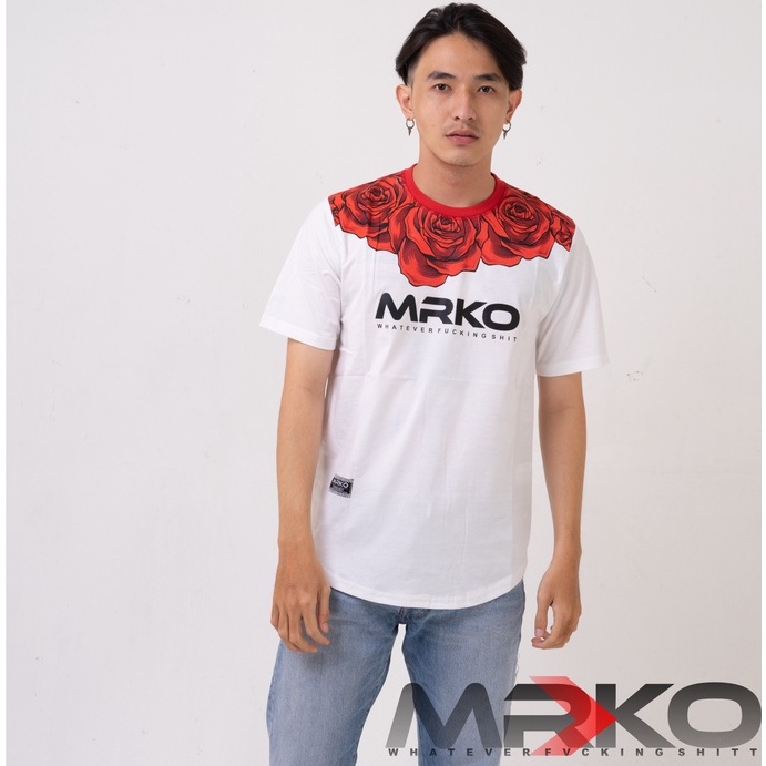 Kaos Pria Wanita Dewasa Distro MRKO Keren Kekinian Katun Combad 30S Warna Putih Combinasi Gambar Log
