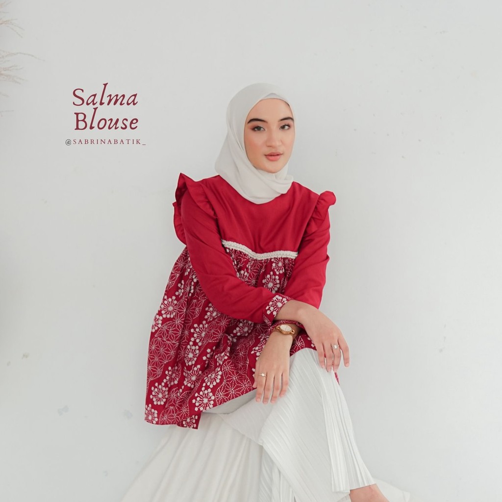 Salma Blouse Atasan Batik Kerja Kantor Cantik Cap Katun Modern Modis Kekinian Maroon