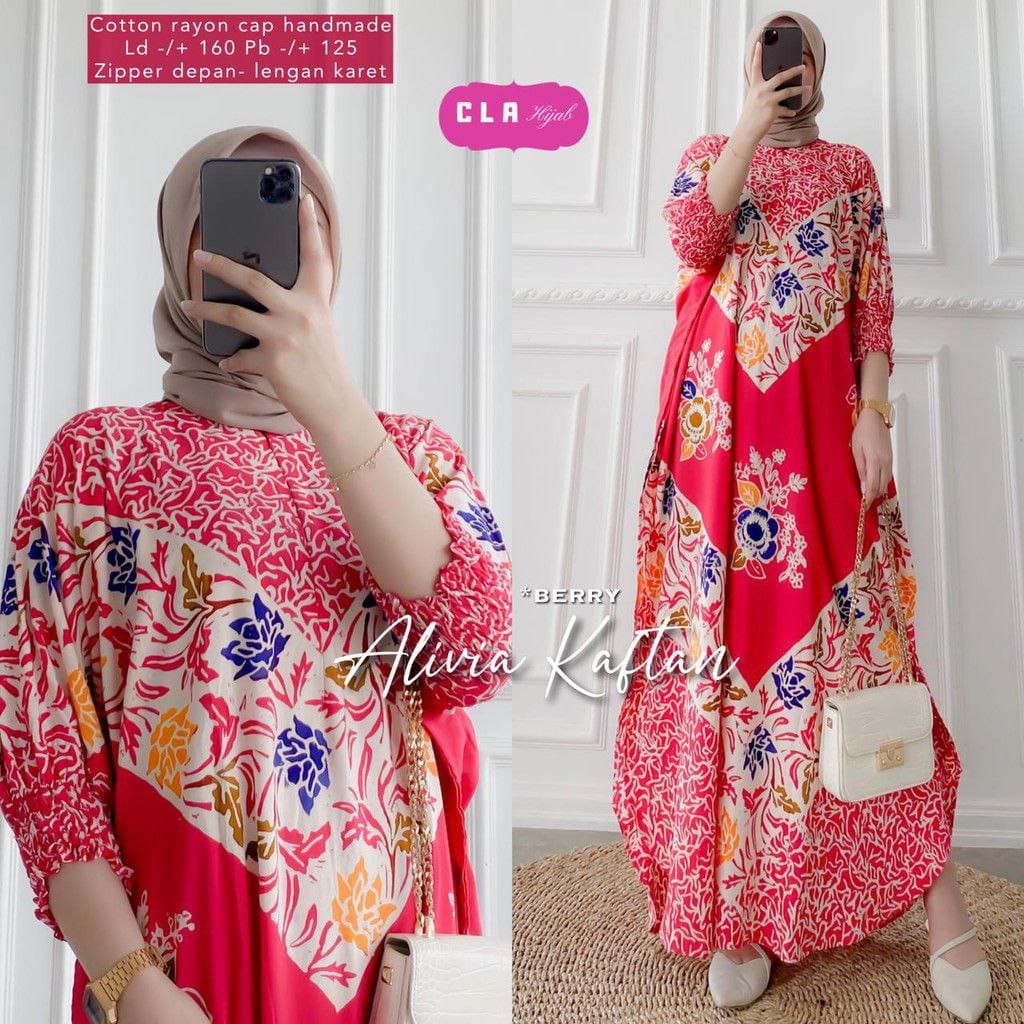 Alivia Kaftan Size Jumbo XXXXL Motif Cap Encim Soft Color by Batik A W Busui Resleting Rayon Tebal / Kaftan Wanita Gamis Rayon