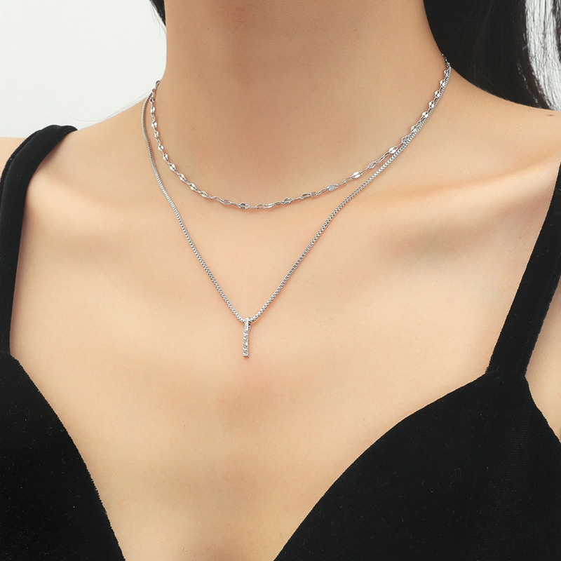 Korean Double Layer Zircon Pillar Pendant Necklace For Women Simple Rectangular Clavicle Chain Choker Fashion Trend New