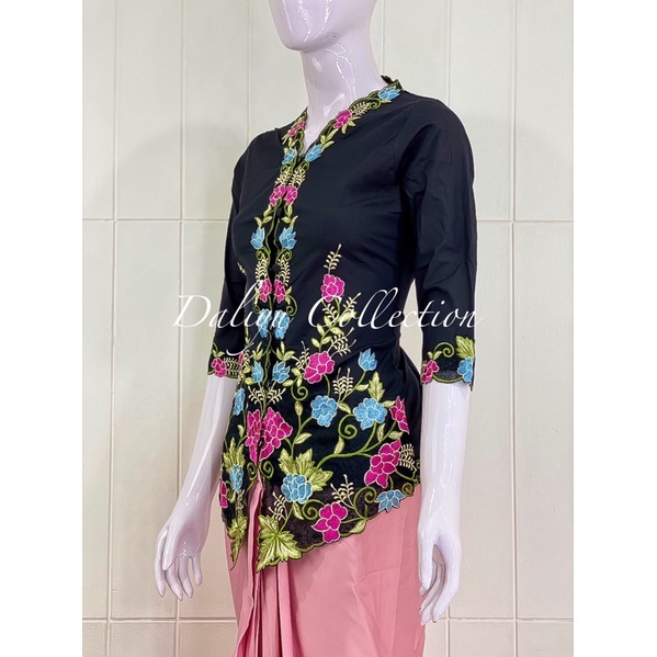 ESW02 - Daliyu KEBAYA ENCIM LENGAN 7/8 BORDIR WARNA Katun Stretch / S M L XL-Hitam