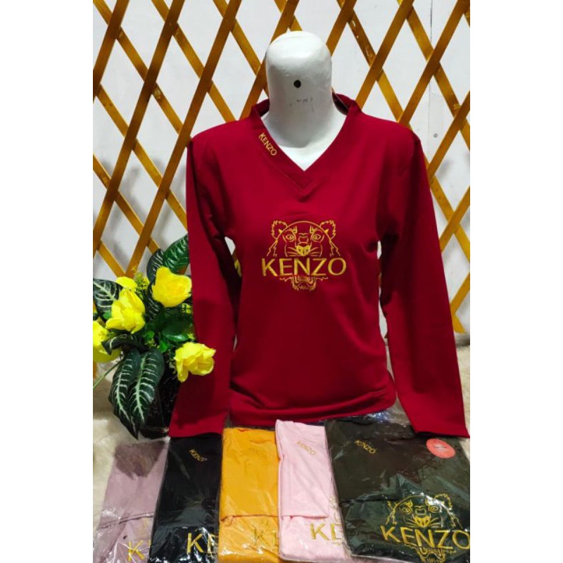 Kaos import wanita kaos wanita lengan panjang bordir kenzo leher v neck (kaos kenzo panjang )
