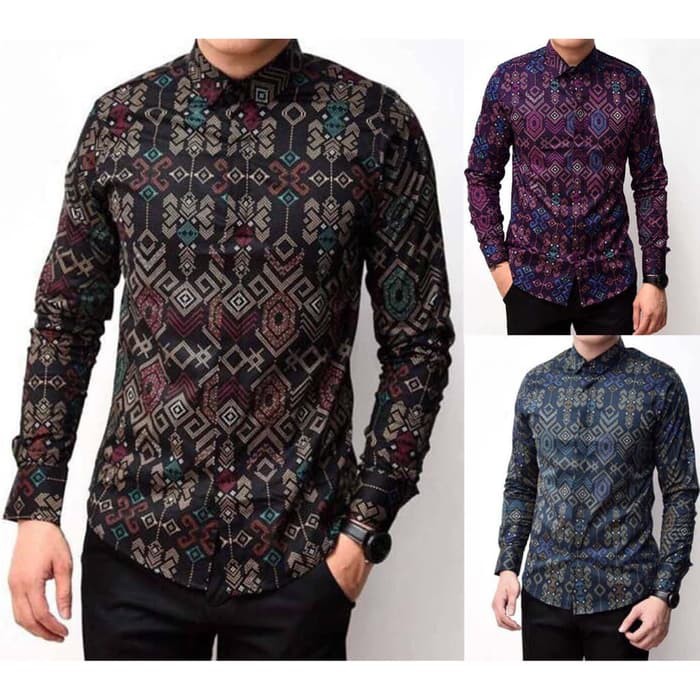 KEMEJA BATIK PRIA KEMEJA BATIK SONGKET KEMEJA LENGAN PANJANG PRIA - Ungu