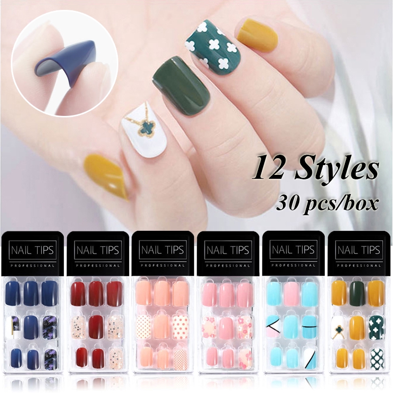 30 Pcs/box Kuku Palsu Full Cover 12 Desain Campur Reusable Detachable Untuk Dekorasi Nail Art