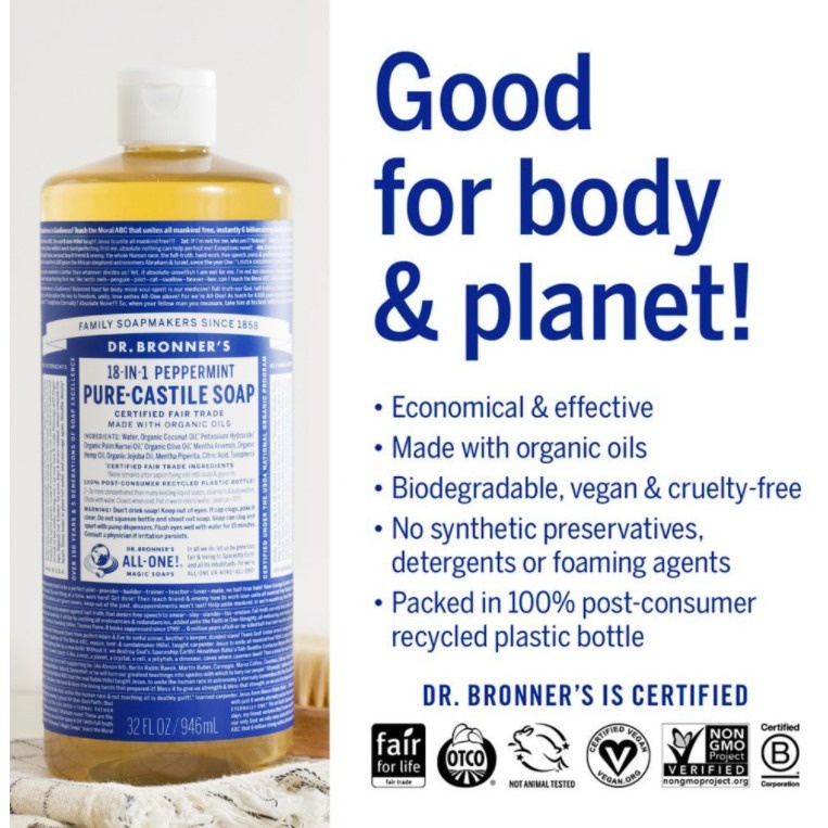 Dr. Bronner's - PEPPERMINT Pure Castile Liquid Soap 946ml