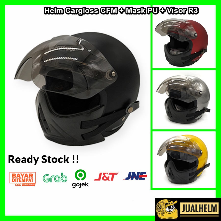 Paketan Helm Retro Cargloss + Masker PU CFM + Visor R3 Clear Smoke ( Mask / Vespa / Bogo / Klasik )