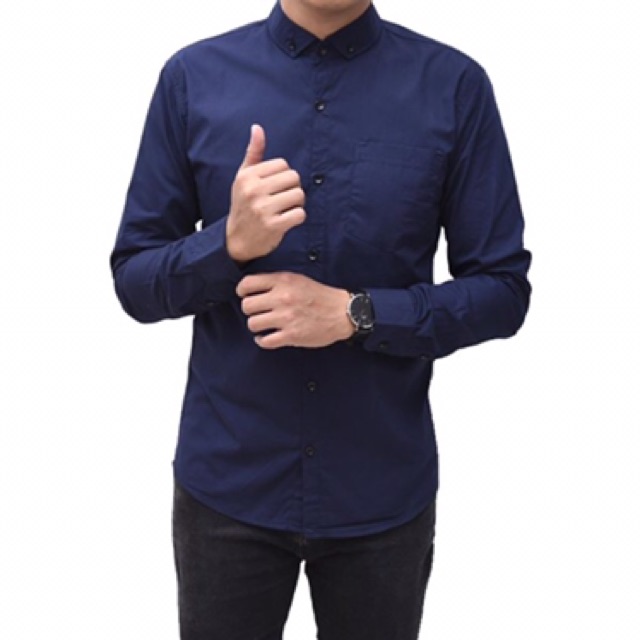 Kemeja Formal Pria Polos Lengan Panjang Bahan Katun - Navy