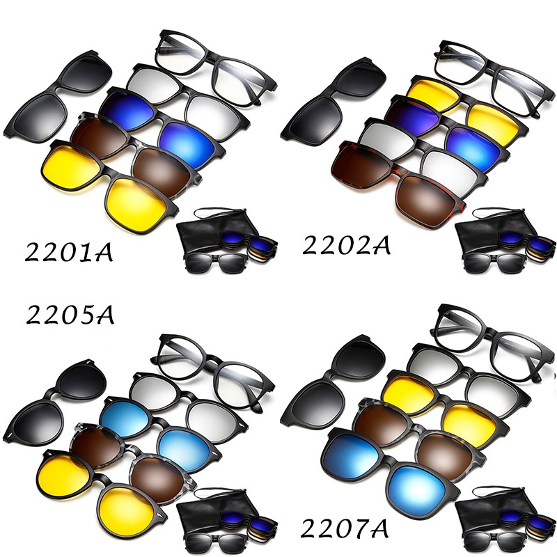 (YUZHU) Kacamata Hitam 6 In 1 Lensa HD Polarized Dengan Klip on Magnetik Tempat Dari Kulit