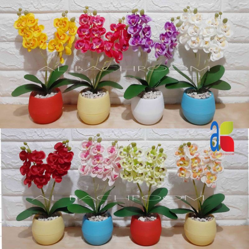 BUNGA ANGGREK SATU PAKET AT-28 POT BULAT BATU RB6037 BUNGA PLASTIK MURAH DEKORASI RUMAH ARTIFICIAL HOME DECOR