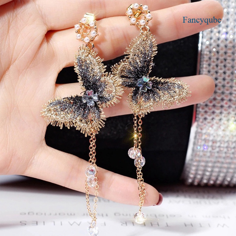 Fancyqube Anting Tusuk Gantung Panjang Wanita Desain Bordir Kupu-Kupu Hias Mutiara + Rumbai