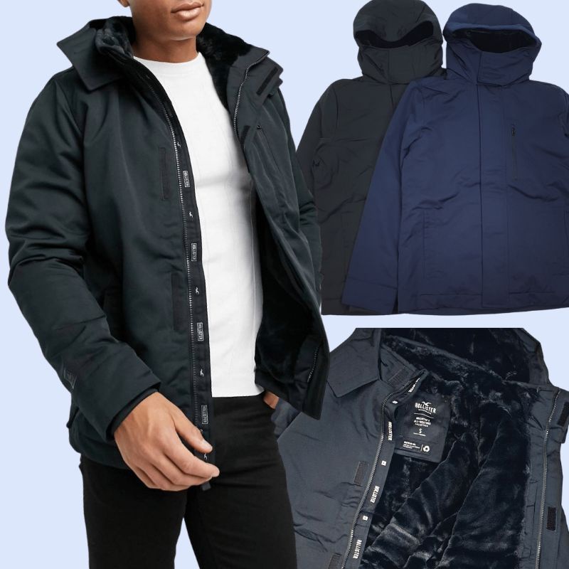 Jaket Hoodie Pria HLJ001 Hollister Men Fauxfur Hooded Parka Jacket Branded Original