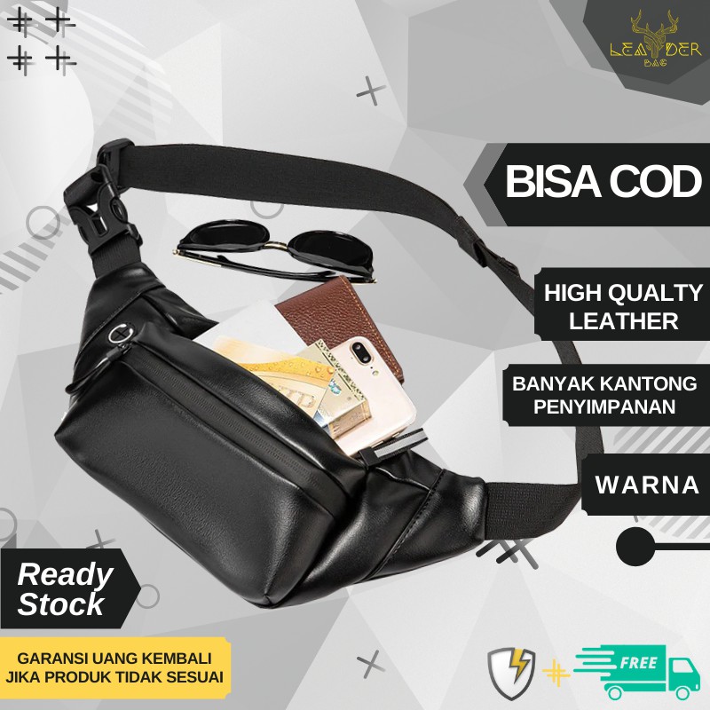 Waistbag Kulit Pria Original Terbaru 2021 Warna Hitam | Tas Selempang Kulit Bahu Remaja Distro Impor