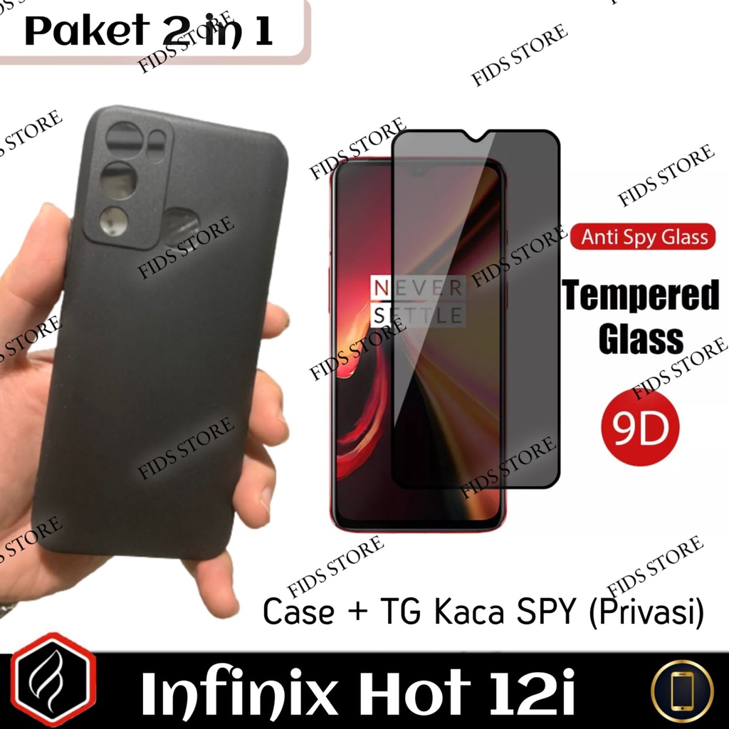 [PAKET HEMAT] Infinix Hot 12i Case Black Matte Free Anti Gores Layar Full Cover | Case Premium Black Protection Camera Hot 12i Paket 2 in 1 2in1