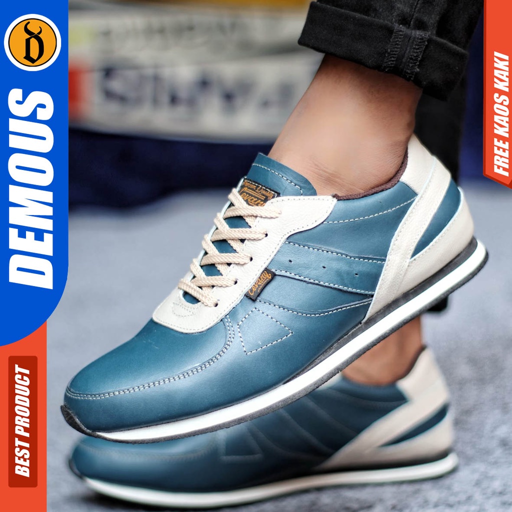 Sepatu Sneakers Pria Kasual Kulit Asli Sporty Kerja Hitam Putih Demous Jellal