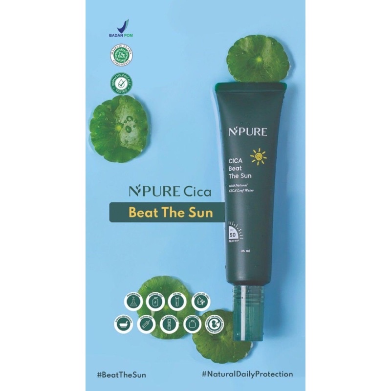 NPURE Cica Beat The Sun Indonesia / SPF 50 PA++++ Sunscreen Powder Facial Wash Cleanser Face Primer Essence Toner Serum Ampoule Day Night Eye Cream Moisturizer Sheet Clay Mask Masker Pad Body Lotion / Marigold Centella Asiatica Noni Probiotics Acne Paket