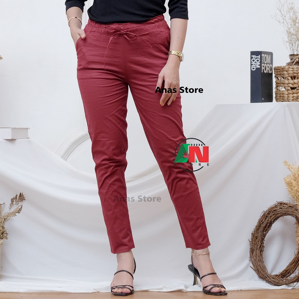 Celana Panjang Wanita Basic Pants Katun Stretch Tali Pinggang Karet Bahan Melar Tidak Kaku