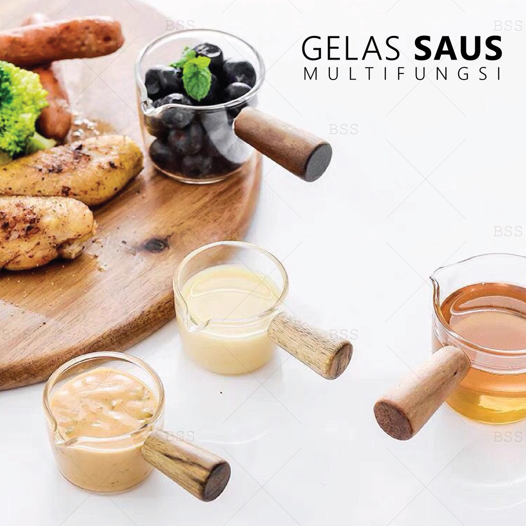 Gelas Takar 50ml 100ml Gula Kaca Mini Sugar Glass Saus Gagang Kayu Borosilicate Wooden Handle Milk Jug