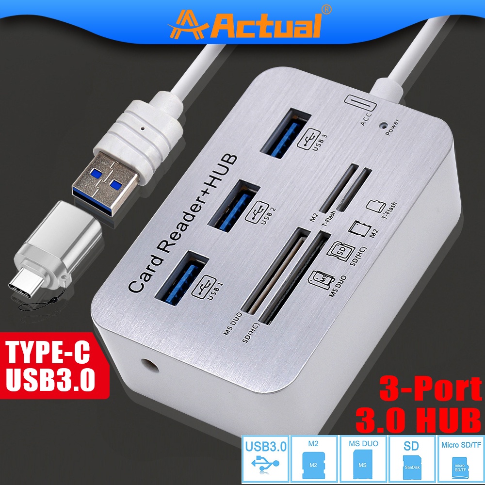 Actual【COD】 USB 3.0 7in1 Hub Card Reader 3-Port USB+MS Micro SD MMC M2 TF Slot Combination Aluminum High Quality