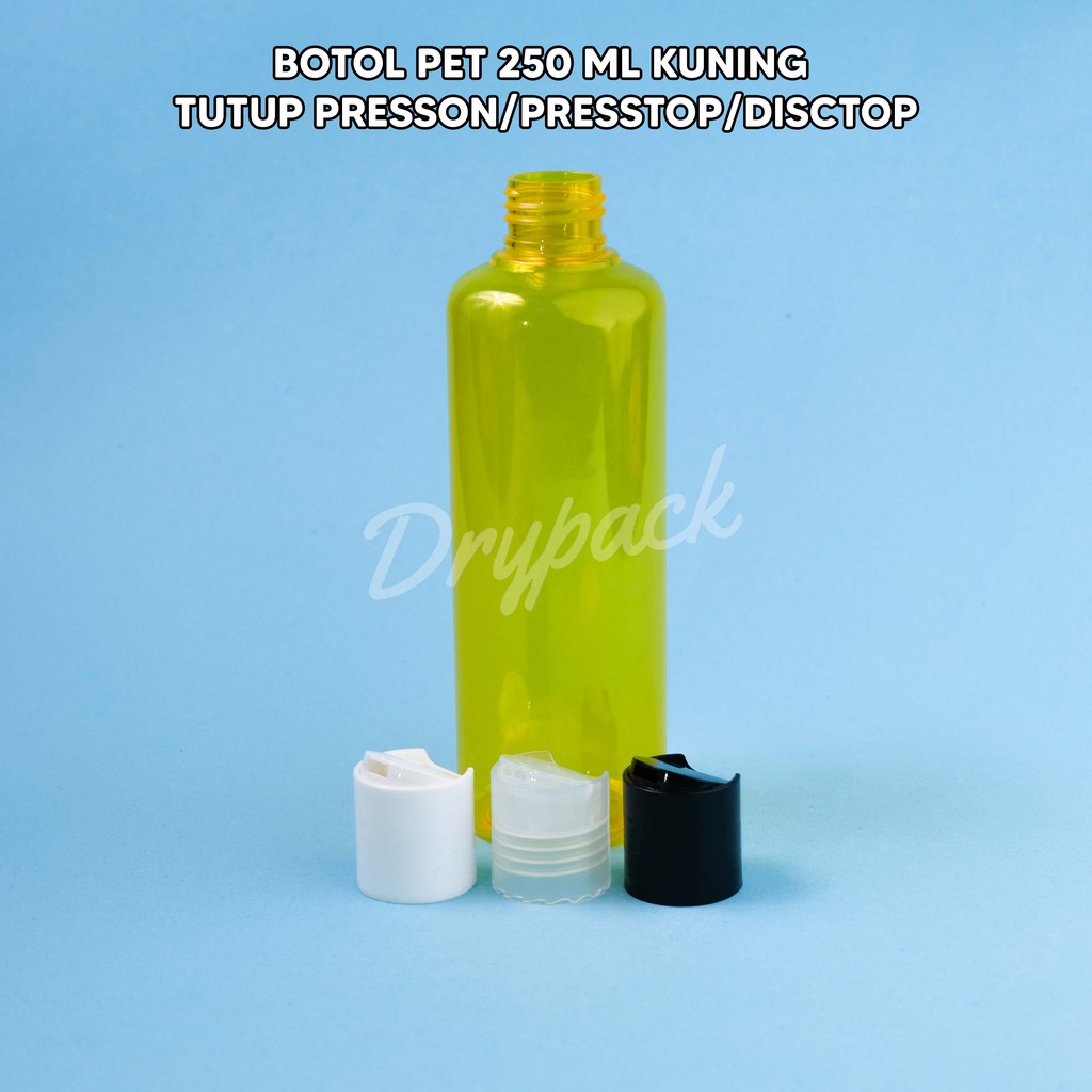 BOTOL PET 250 ML ROUND KUNING TUTUP PRESSON / PRESSTOP / DISCTOP