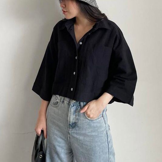 HYE Mari Linen Crop Shirt / Kemeja pocket linen premium crop atasan