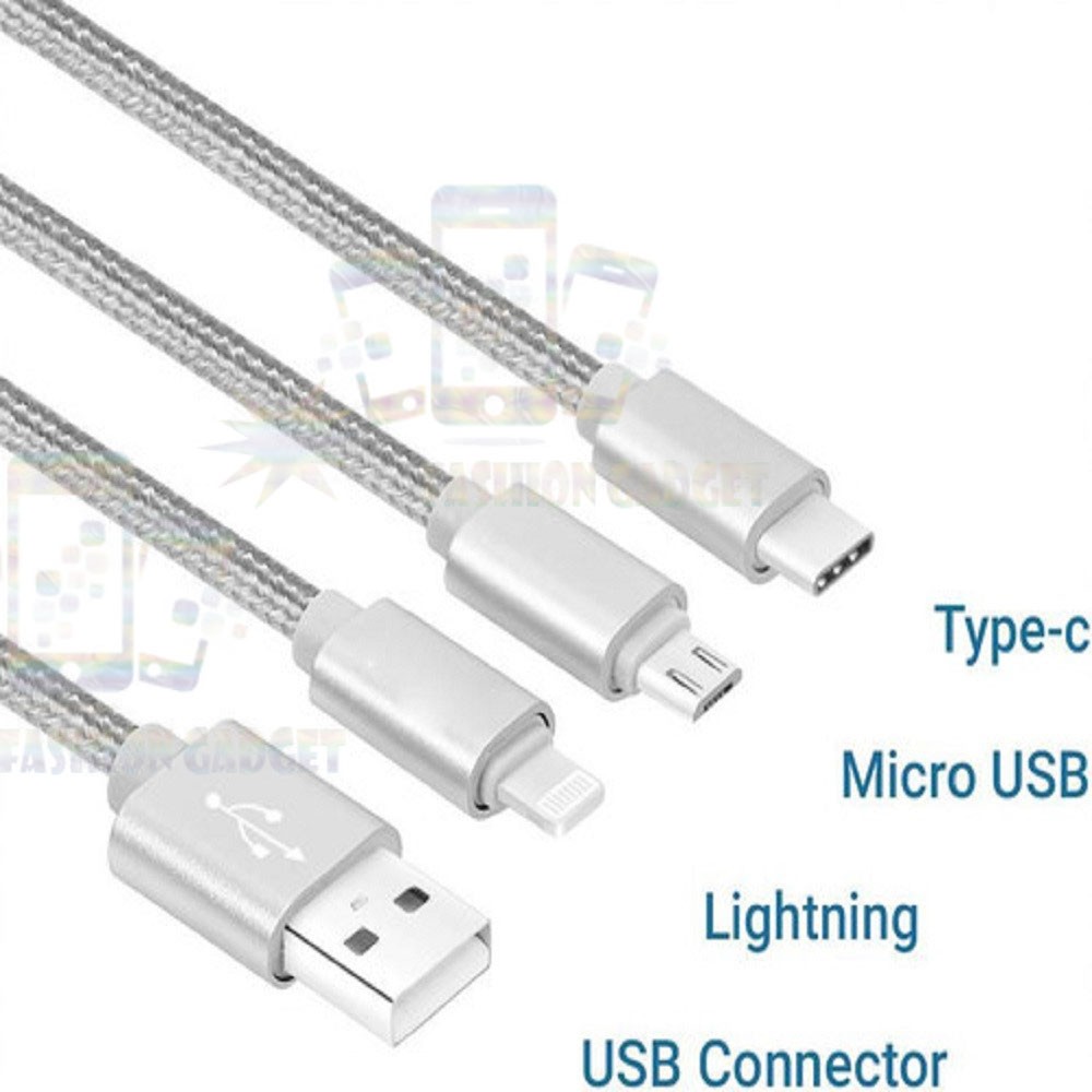 HIGH SPEED Kabel Data USB 3 in 1 Fast Charger Lightning Compatible for iOS + Micro USB + Type C