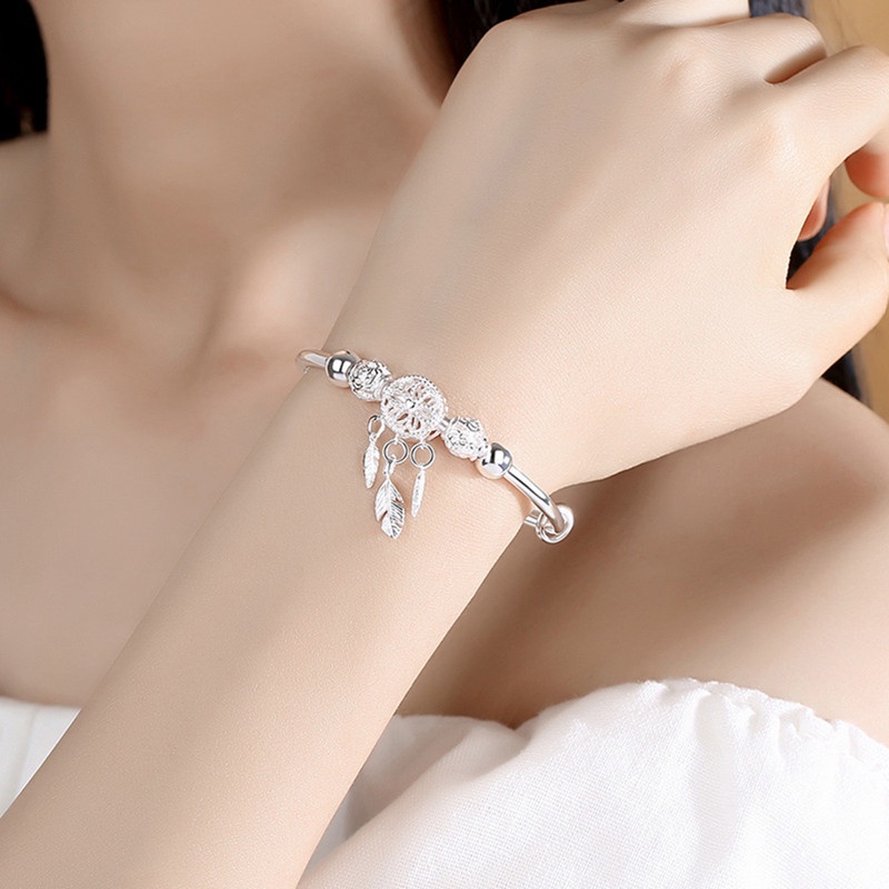 Fancyqube Gelang Tangan Sterling Silver 925 Wanita Desain Dream Catcher Bulu Hias Zircon Untuk Pesta