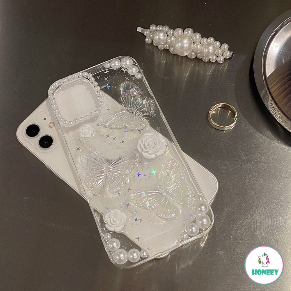 Luxury Glitter Pearl Butterfly Clear Phone Case compatible for Iphone Xr 7Plus 8Plus X XS 14 13 11 12 Pro Max Shock Resistant Soft TPU Back Cover