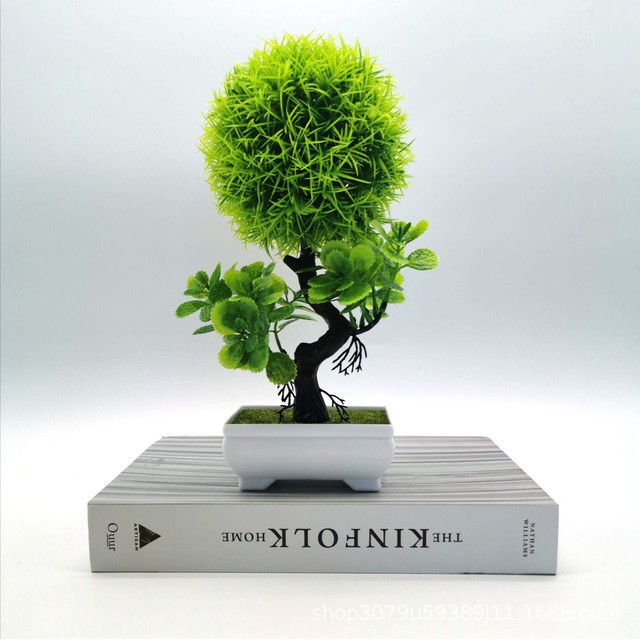 COD/BONSAI HIAS TANAMAN ARTIFISIAL BUNGA DEKORASI RUANGAN BUNGA PLASTIK POT BULAT PUTIH BP8818-Hijau