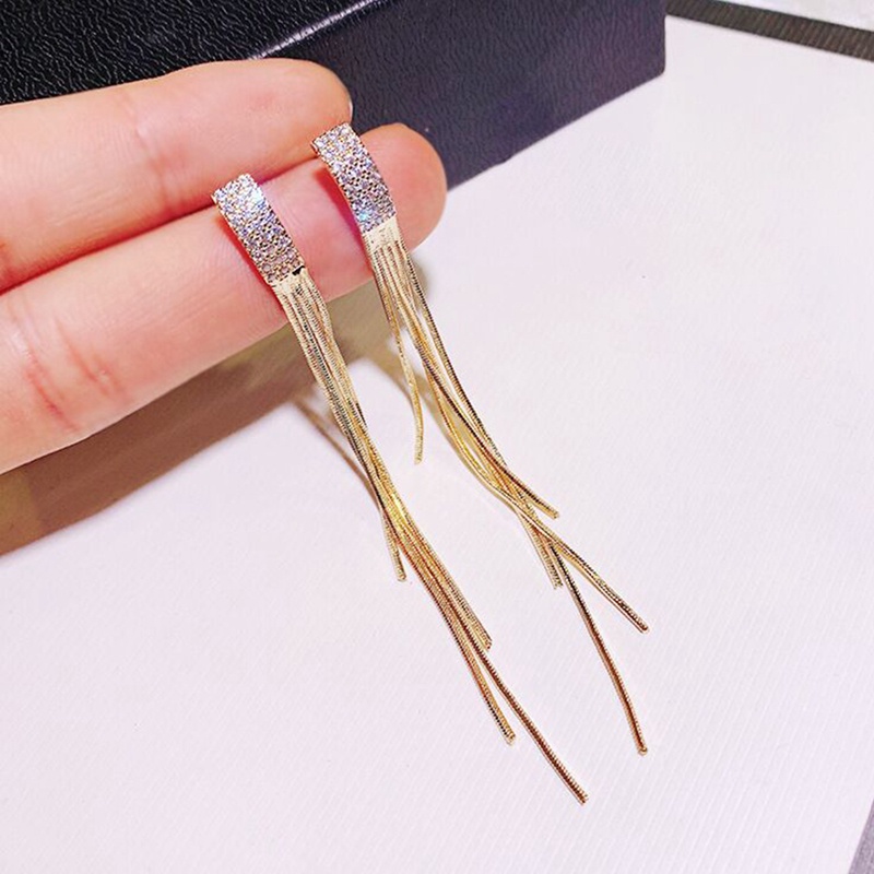 Anting Rumbai Panjang Aksen Berlian Imitasi Gaya Korea