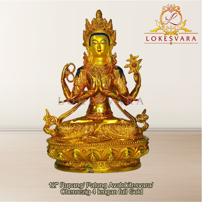 Patung Rupang Arca Logam Avalokitesvara 4 Lengan 12inch Full Gold