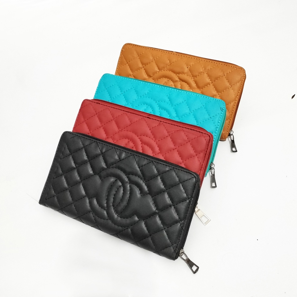 Dompet wanita polos wallet organizer resleting 2 ruang dompet panjang kulit sintetis embos dompet uang koin kartu hp