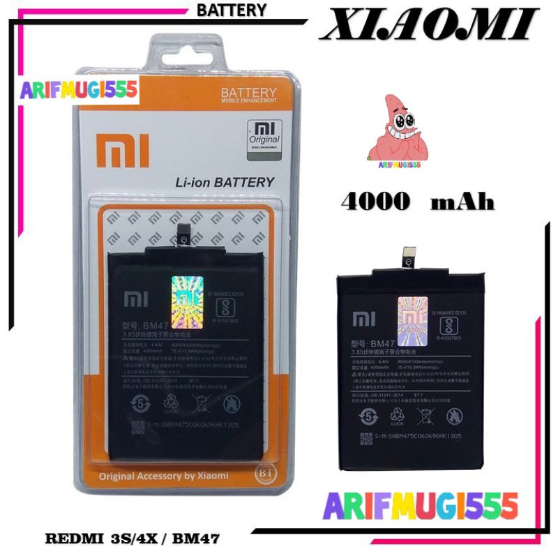 Baterai Battery Battray Batu Batre Hp Xiomi Xiaomi Redmi 3 3S 3X 3 Pro 4X BM47 Original