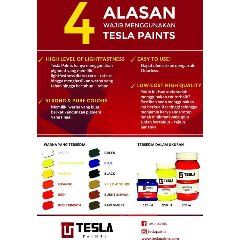 

TERBARU READY STOCK TESLA PAINTS - ACRYLIC PAINTS / CAT AKRILIK 5 WARNA PRIMER PERALATAN MELUKIS ART