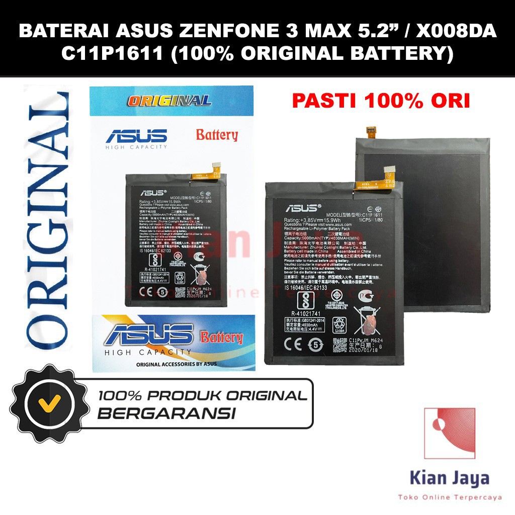 Baterai Original Asus Zenfone 3 Max 5.2&quot; Inch X008DA ZC520TL Batre Battery Hp C11P1611 5.2 100% Ori