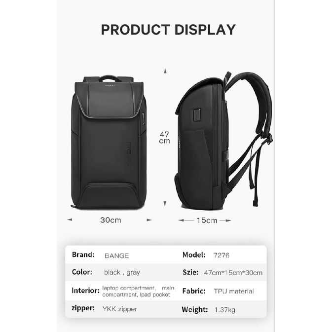 BANGE BG-7276 - Stylish Anti-Theft Waterproof TSA Lock Laptop Backpack - Tas Ransel Laptop Pria Tahan Air