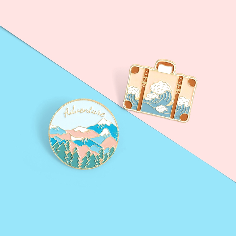 Bros Pin Enamel Desain Kartun Hutan Gunung Gelombang Laut Untuk Perhiasan