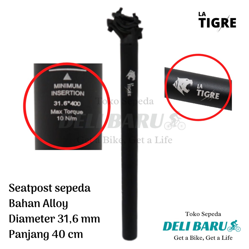 LA TIGRE Seatpost 31.6 mm tiang sadel alloy panjang 40 cm sepeda lipat, MTB