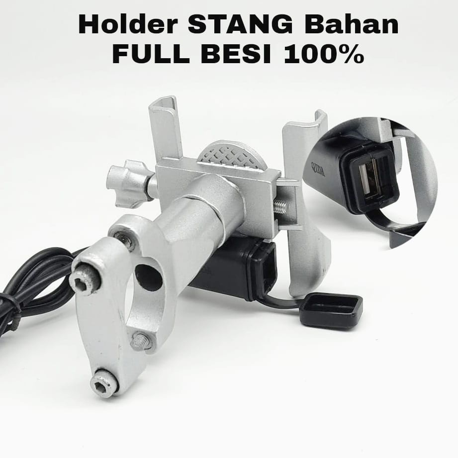 TERMURAH 100% FULL BESI Holder STANG Motor + USB CHARGER Holder HP Universal FULL BESI SILVER