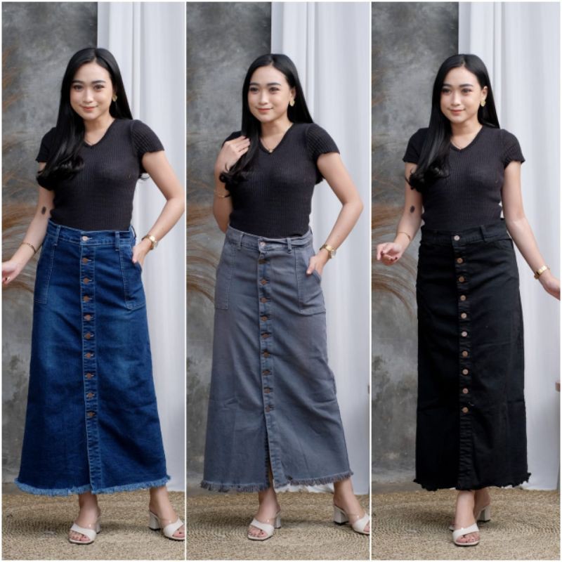 ROK JEANS PANJANG GISCA KANCING DEPAN // ROK JEANS WANITA KANCING DEPAN AKTIF