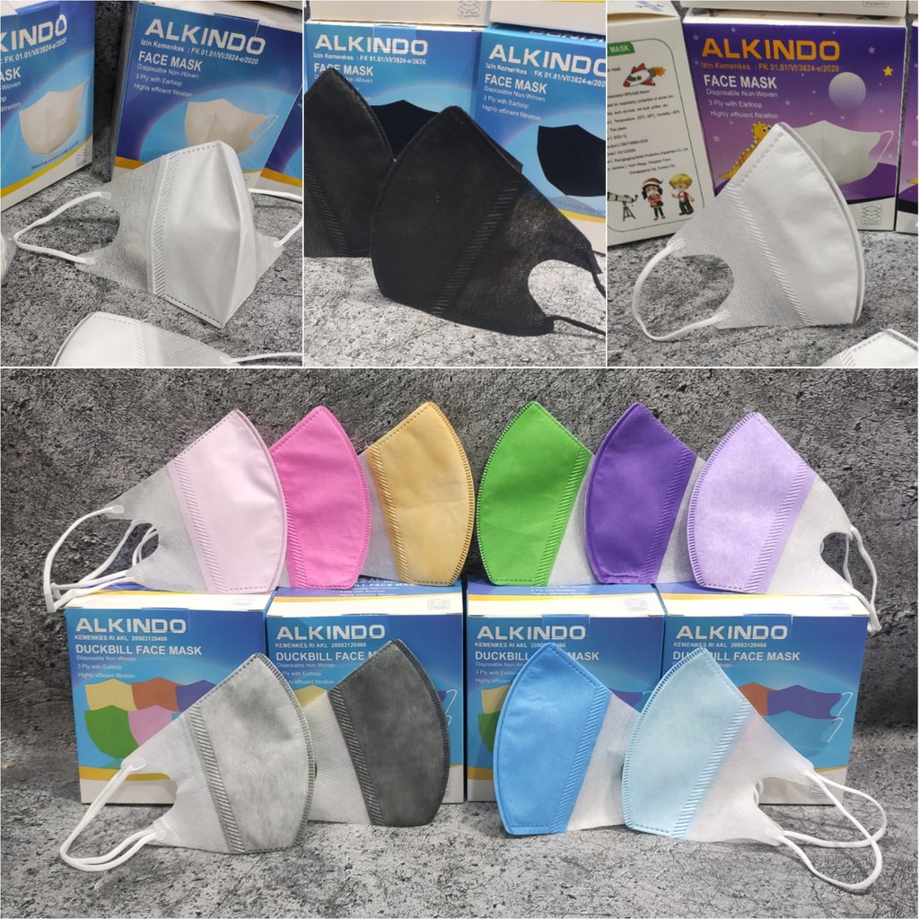 ECERAN 10 Pcs - MASKER DUCKBILL ALKINDO FACE MASK WARNA HITAM PUTIH ANAK RAINBOW - NEW GARIS