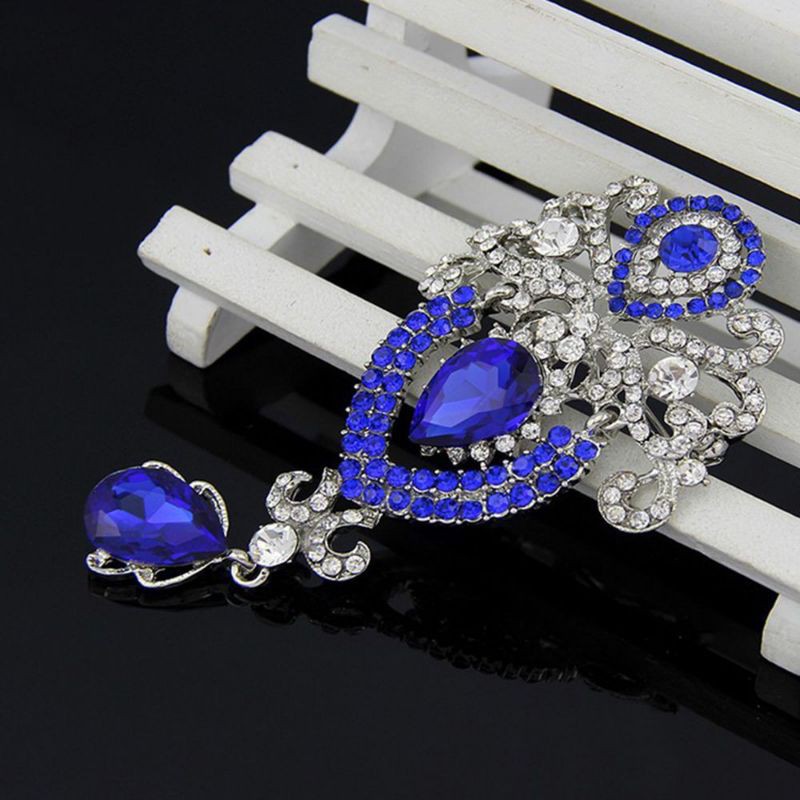 Set Kalung+Anting+Bros Hijab Perhiasan Bros Hias Liontin Bunga Kristal Berlian  untuk Pernikahan