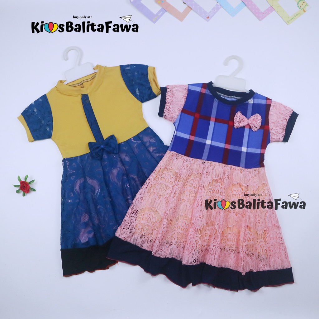 Dress Yuki uk 3-4 Tahun / Dres Lengan Anak Perempuan Import Brukat Baju Gaun Pesta Adem Murah