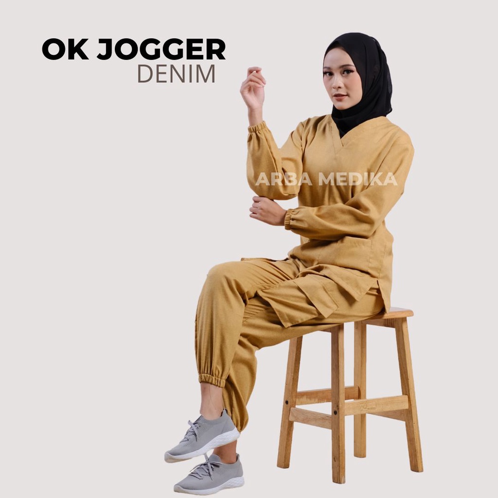 Baju Ok Oka Denim Madinah JOGGER Cargo Dokter Scrub Medis Perawat Jaga Lengan Panjang Karet