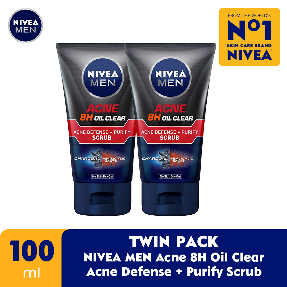 NIVEA MEN Personal Care Men Acne 8H Oil Clear Acne Defense + Purify Scrub 100mL Twinpack