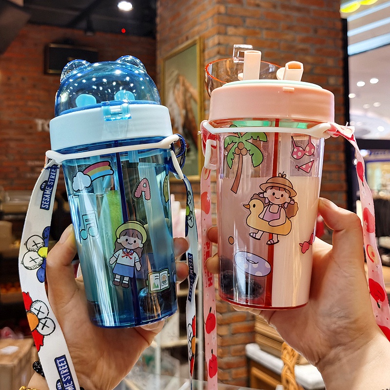 BOTOL MINUM ANAK/COUPLE 2 SISI KEPALA BERUANG 420ML BPA FREE (INCLUDE SEDOTAN DAN STIKER LUCU)