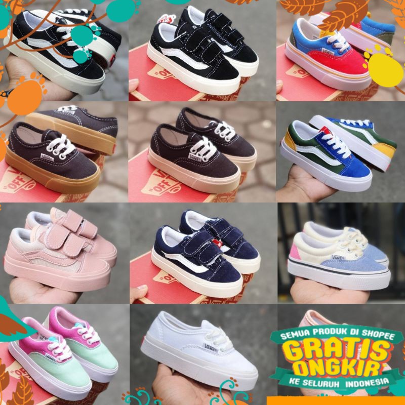 HITAM PUTIH MERAH BIRU KUNING HIJAU / SEPATU ANAK VANS KIDS TALI DAN PEREKAT SIZE 16-35