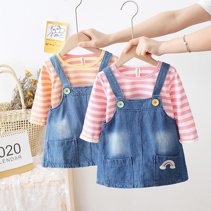 HappyOliver OVERALL SALUR DENIM RAINBOW 5882 EBV baju anak perempuan import 2in1 motif lucu